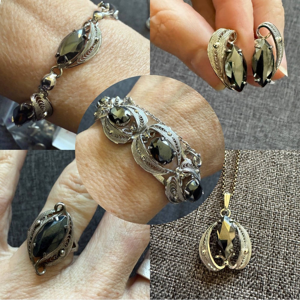 VTG Sorrento Hematite Sterling Silver Earrings 2 Bracelets Ring Necklace 6pc Set
